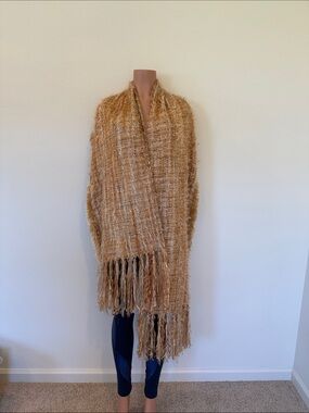 Cozy Fringe Wrap Scarf in Camel little metallic sparkling